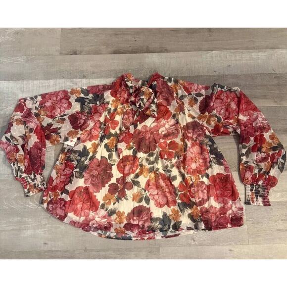 AURA Blouse Top Women Medium Multi Floral Pleated Mock Neck Tie Back Long Sleeve - Picture 2 of 6